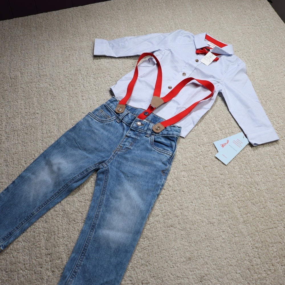 Cat & Jack Toddler Boys 4pc Set Gingham Shirt Jeans Suspenders Bow Tie 2T Blue